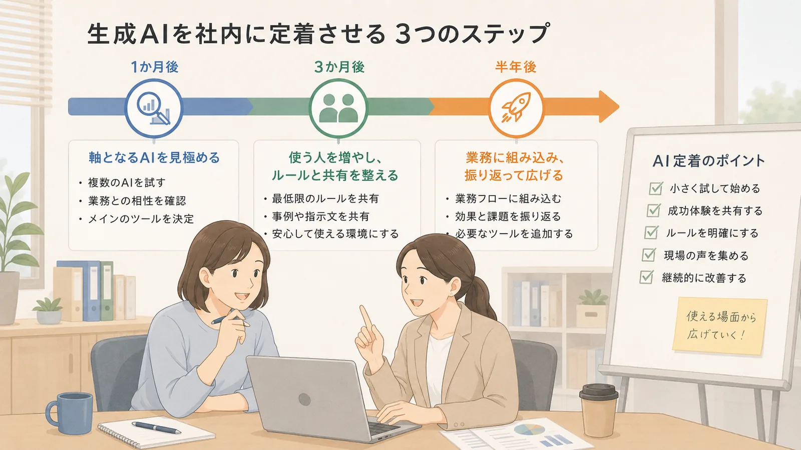 生成AIを社内に定着させるには？最初の1か月・3か月・半年でやること