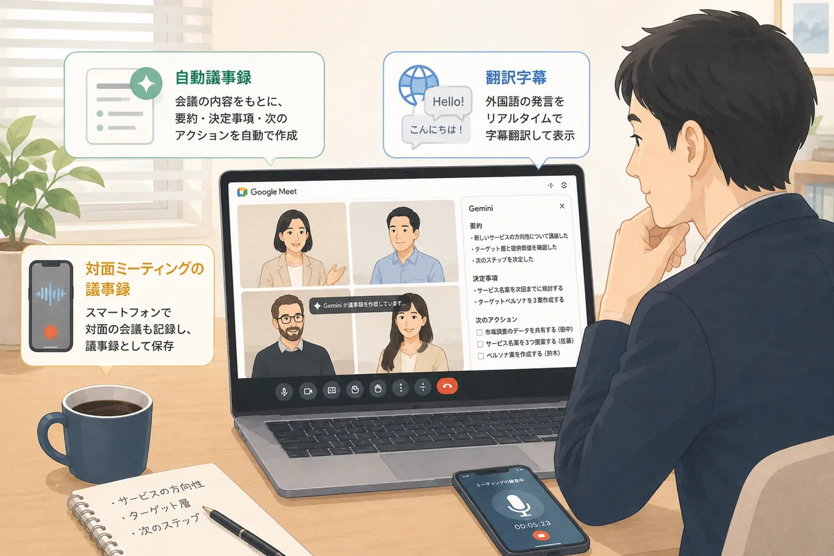 Google MeetのGeminiでできること｜議事録・翻訳字幕・対面会議の記録を効率化