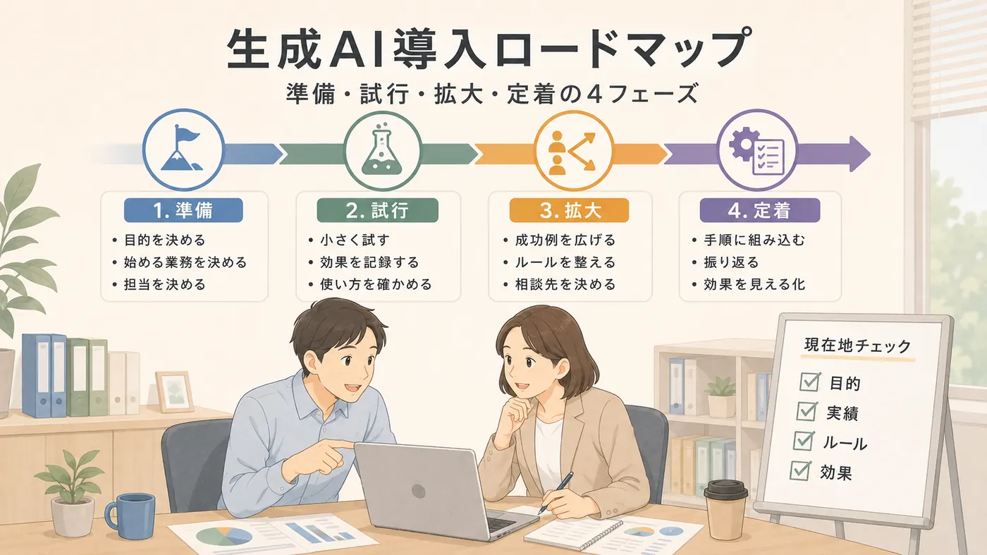 生成AI導入ロードマップ｜準備・試行・拡大・定着の4フェーズ